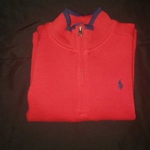 Red and blue mid zip pullover sweater